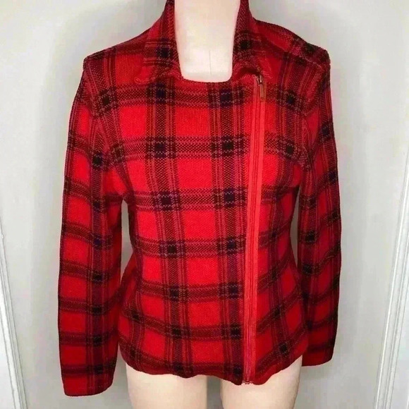 RALPH LAUREN CHAPS Red Plaid Diagonal Zip Motorcycle Sweater Jacket Size Large - Picture 1 of 6